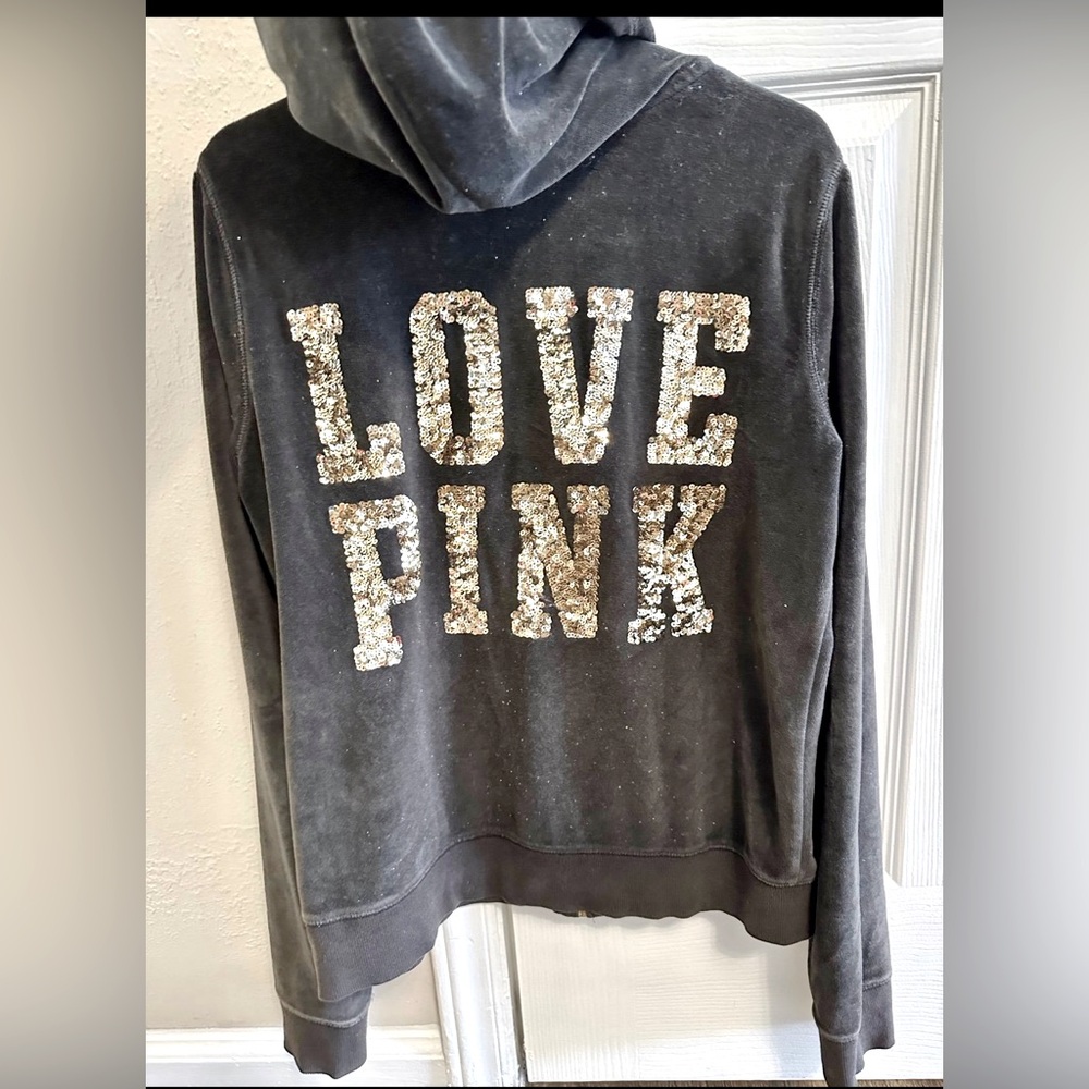 PINK by Victorias Secret Gray Full  Zip Velvet Hoodie with Sequin Lettering!